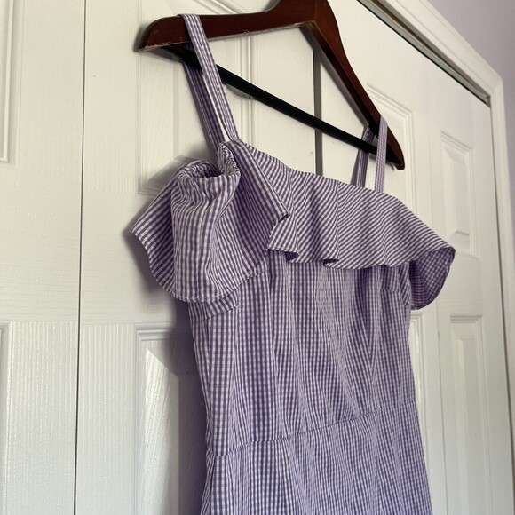 Women’s Donna Morgan Purple Blue Gingham Ruffle Off The Shoulder Dress Size 6 - Picture 4 of 9